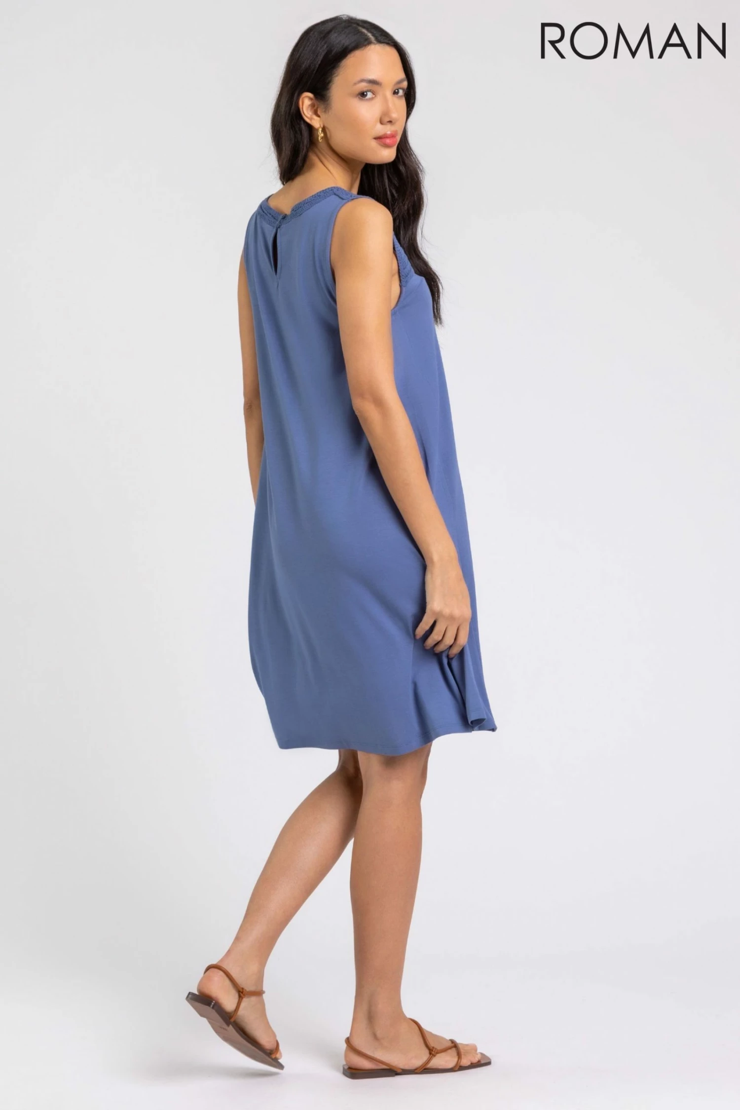 Roman Blue Crochet Yoke A-Line Jersey Dress 4 Roman Blue Crochet Yoke A-Line Jersey Dress - Image 2
