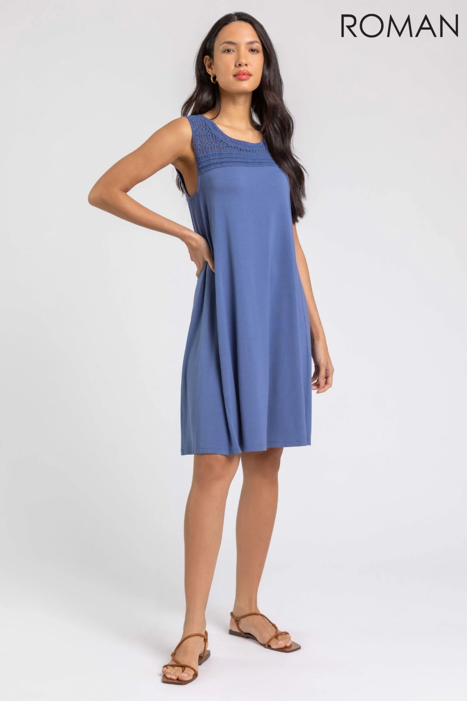 Roman Blue Crochet Yoke A-Line Jersey Dress 5 Roman Blue Crochet Yoke A-Line Jersey Dress - Image 3