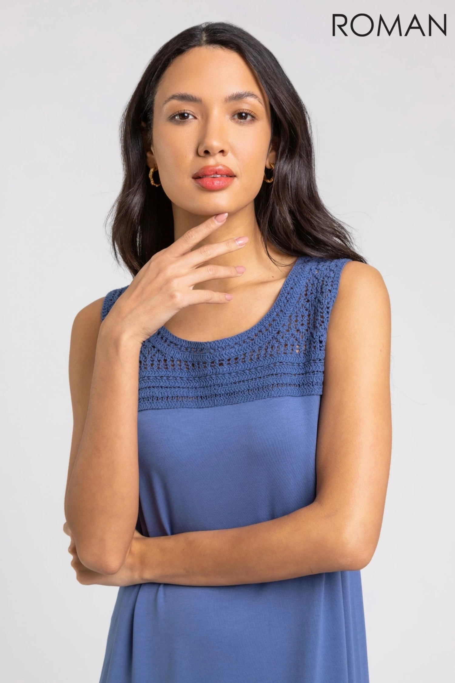 Roman Blue Crochet Yoke A-Line Jersey Dress 6 Roman Blue Crochet Yoke A-Line Jersey Dress - Image 4
