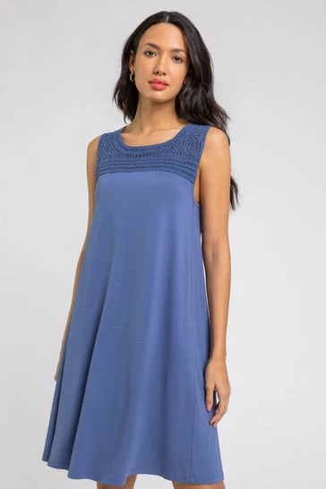 Roman Blue Crochet Yoke A-Line Jersey Dress 7 Roman Blue Crochet Yoke A-Line Jersey Dress - Image 5