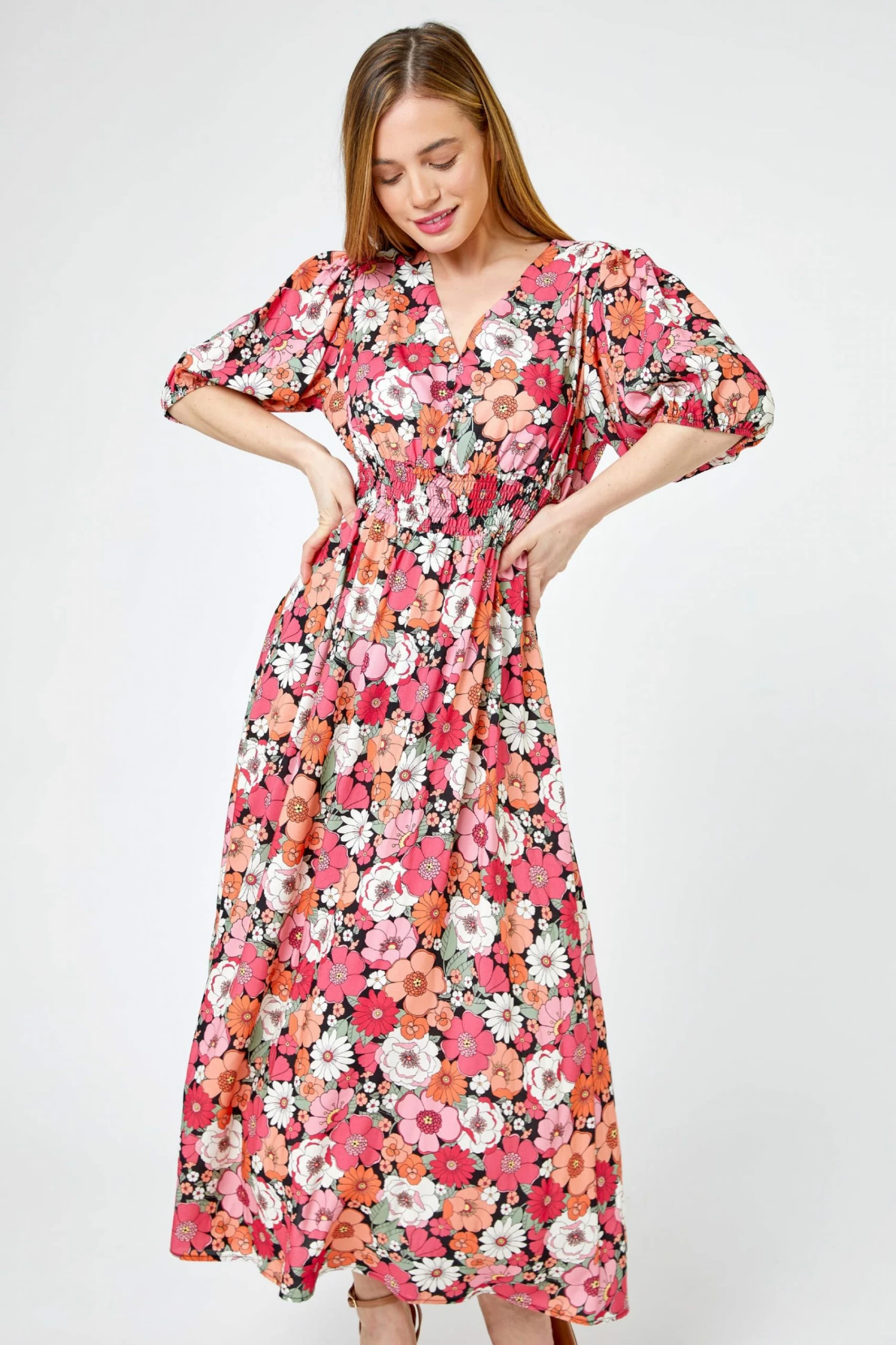 Roman Pink & Red Petite Retro Floral Print Midi Dress 3 Roman Pink & Red Petite Retro Floral Print Midi Dress