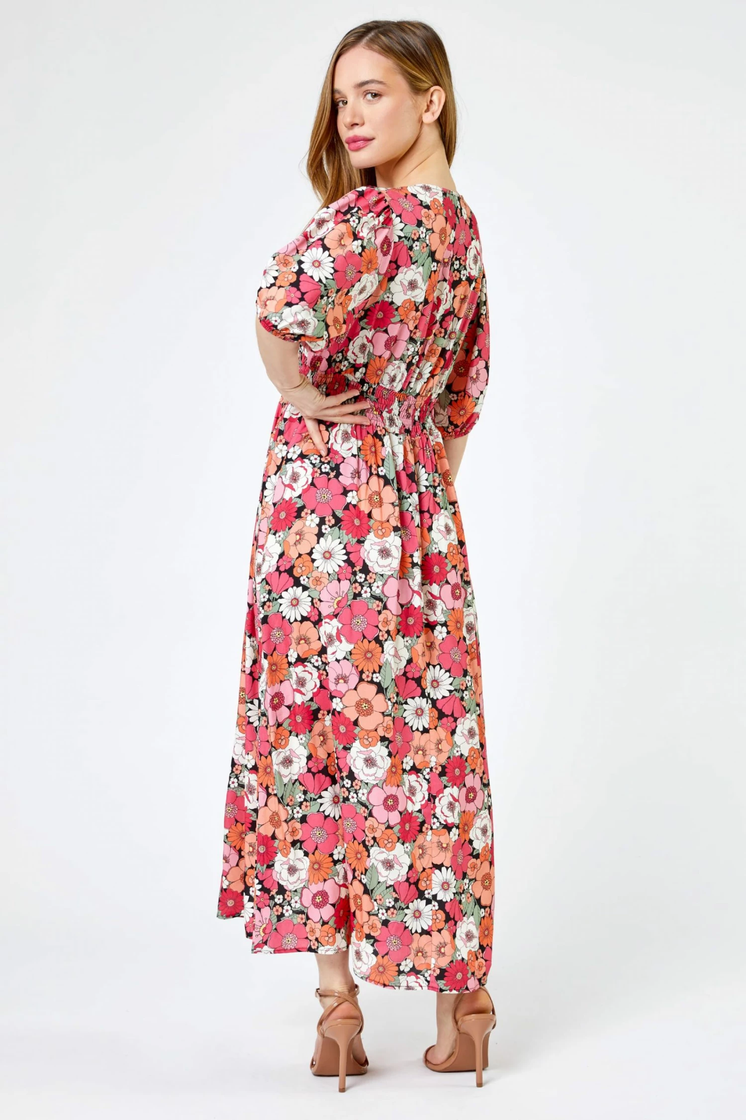 Roman Pink & Red Petite Retro Floral Print Midi Dress 4 Roman Pink & Red Petite Retro Floral Print Midi Dress - Image 2