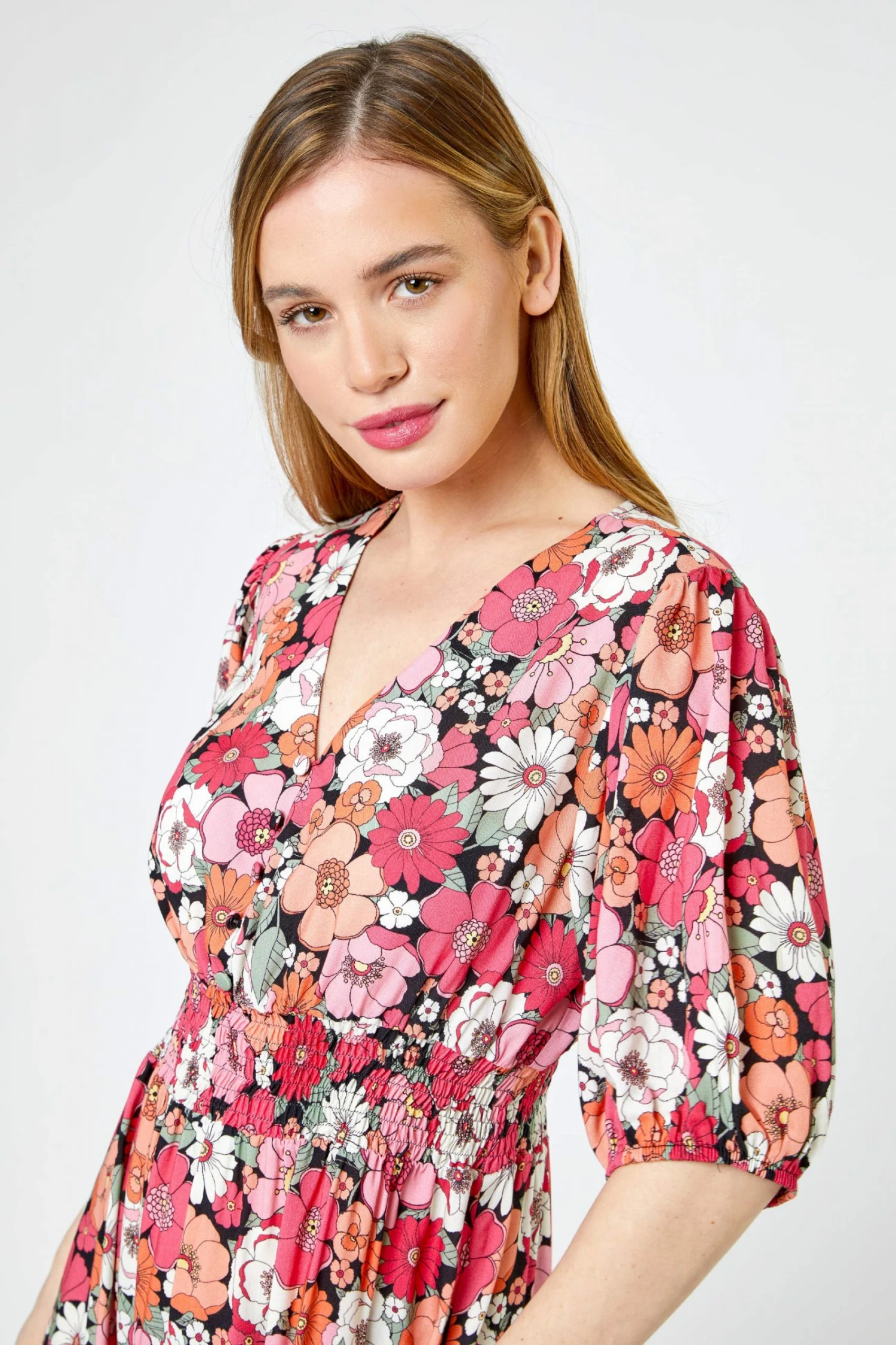 Roman Pink & Red Petite Retro Floral Print Midi Dress 6 Roman Pink & Red Petite Retro Floral Print Midi Dress - Image 4