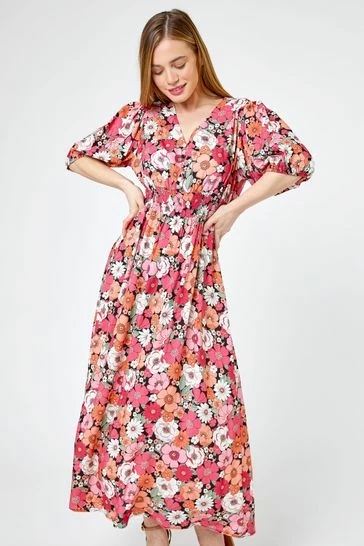 Roman Pink & Red Petite Retro Floral Print Midi Dress 7 Roman Pink & Red Petite Retro Floral Print Midi Dress - Image 5