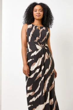 Roman Black Petite Animal Print Twist Waist Maxi Dress