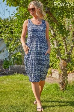 Roman Navy Aztec Print Slouch Pocket Cocoon Dress 8 Roman Navy Aztec Print Slouch Pocket Cocoon Dress -Roman Sales Shop unnamed file 2121