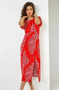 Roman Red Floral Print Empire Midi Dress