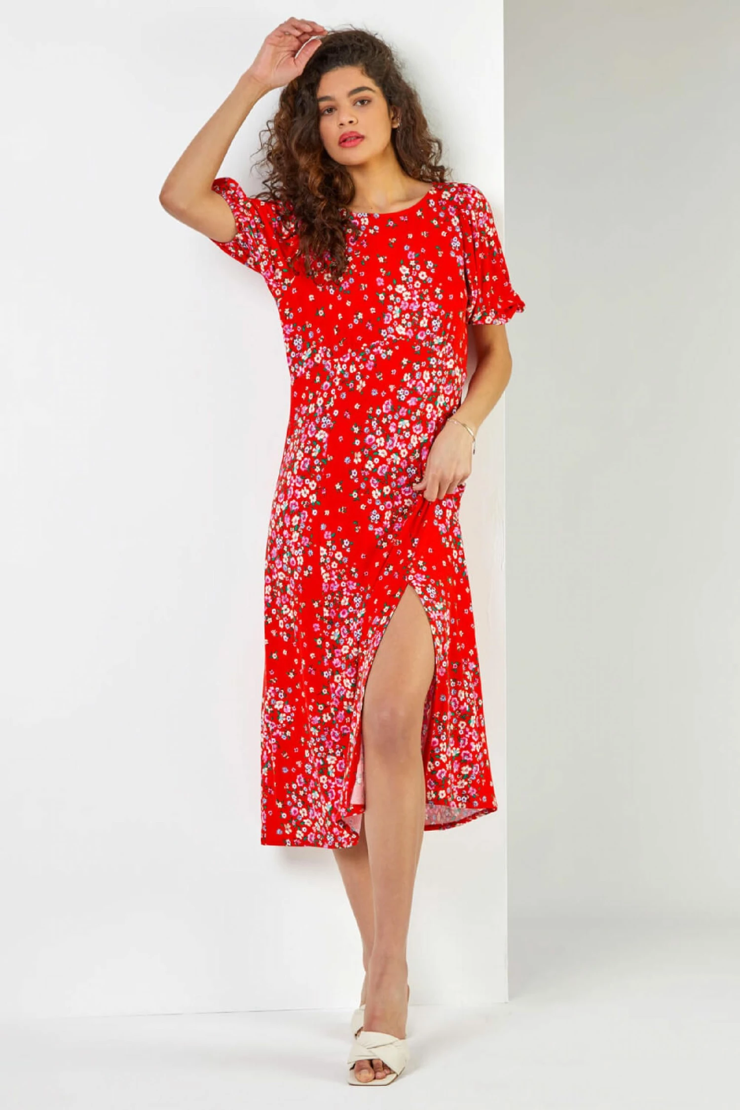 Roman Red Floral Print Empire Midi Dress 4 Roman Red Floral Print Empire Midi Dress - Image 2