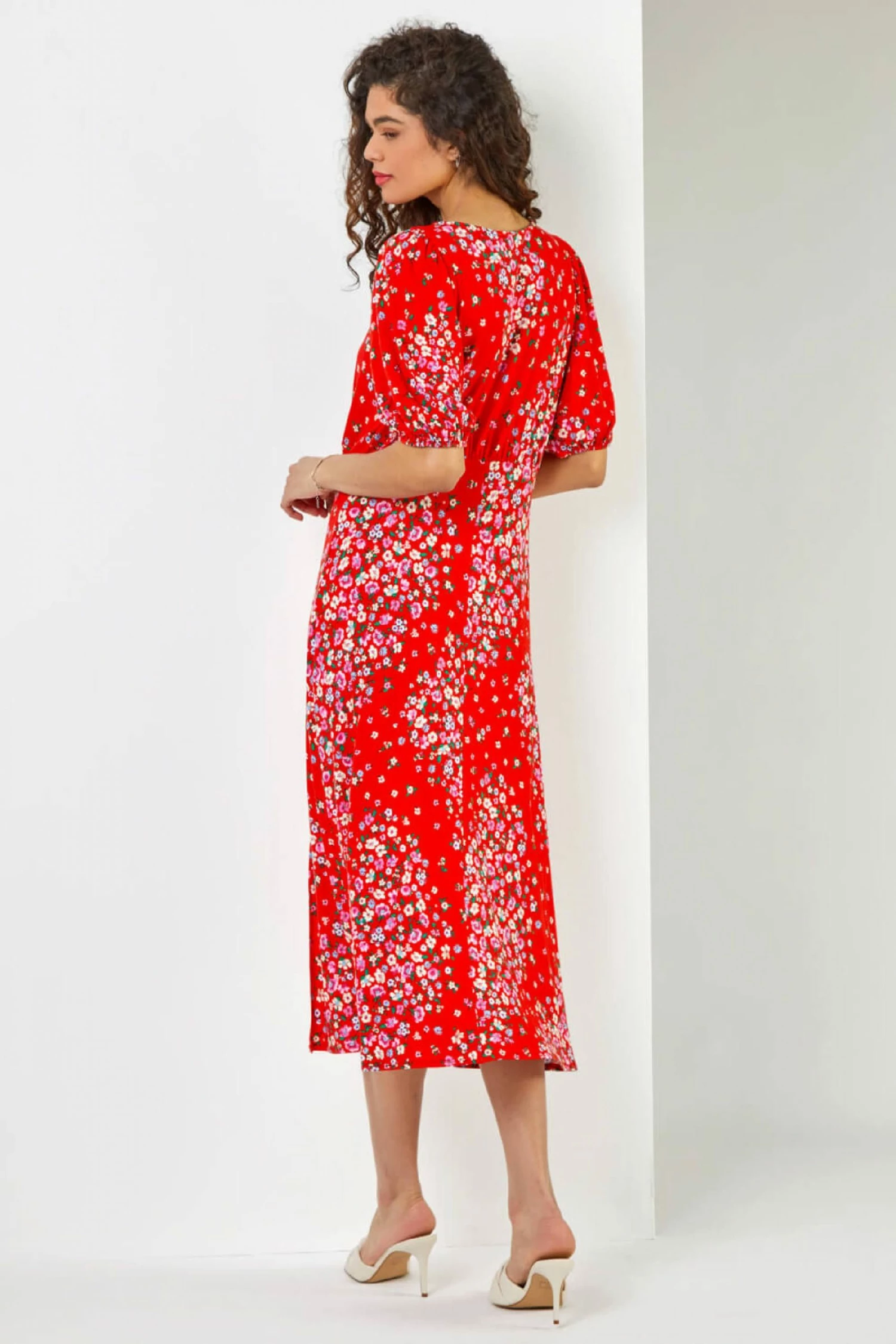 Roman Red Floral Print Empire Midi Dress 5 Roman Red Floral Print Empire Midi Dress - Image 3