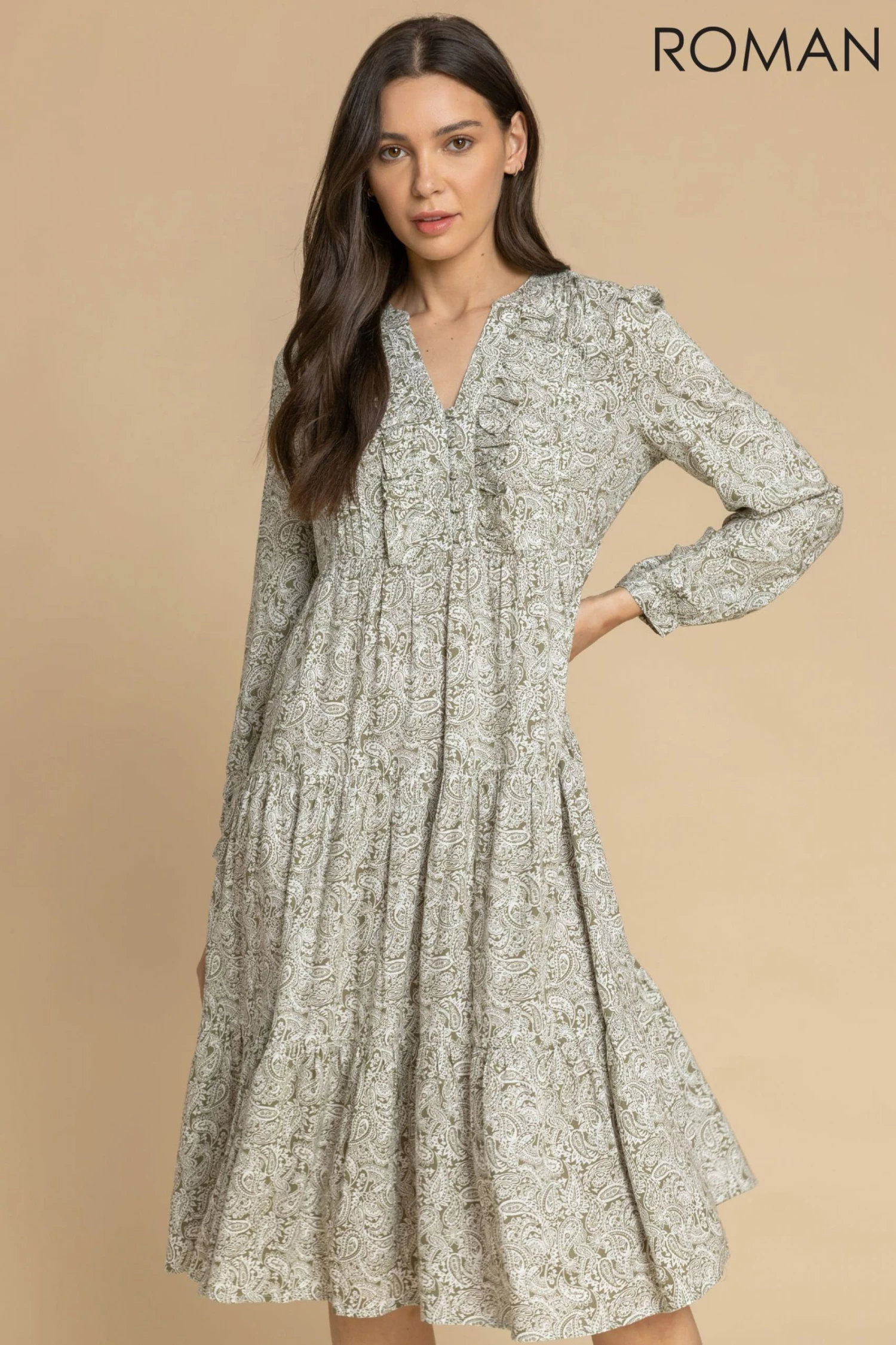 Roman Green Paisley Print Tiered Midi Dress 3 Roman Green Paisley Print Tiered Midi Dress