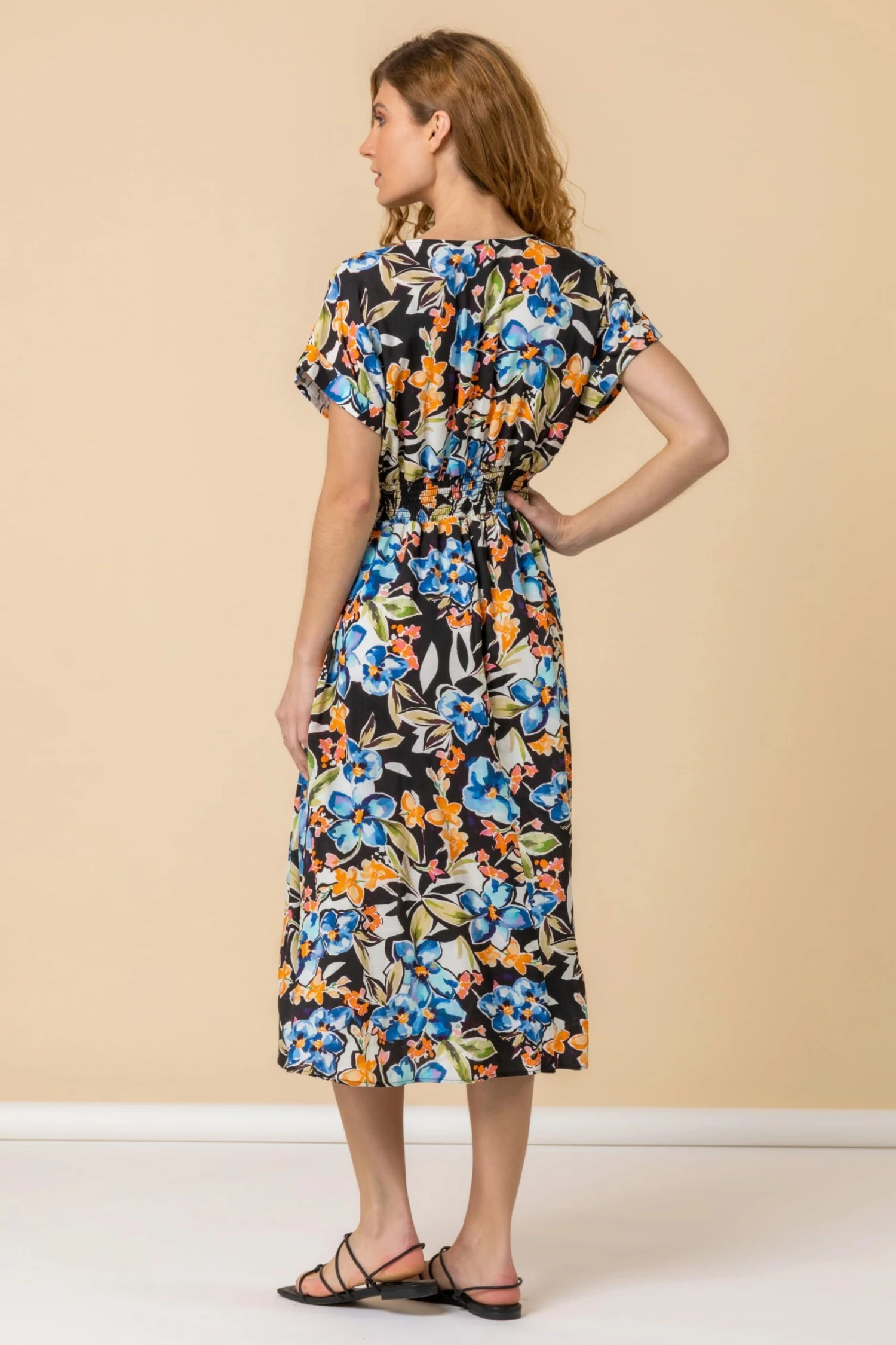 Roman Black Tropical Floral Shirred Waist Midi Dress 4 Roman Black Tropical Floral Shirred Waist Midi Dress - Image 2