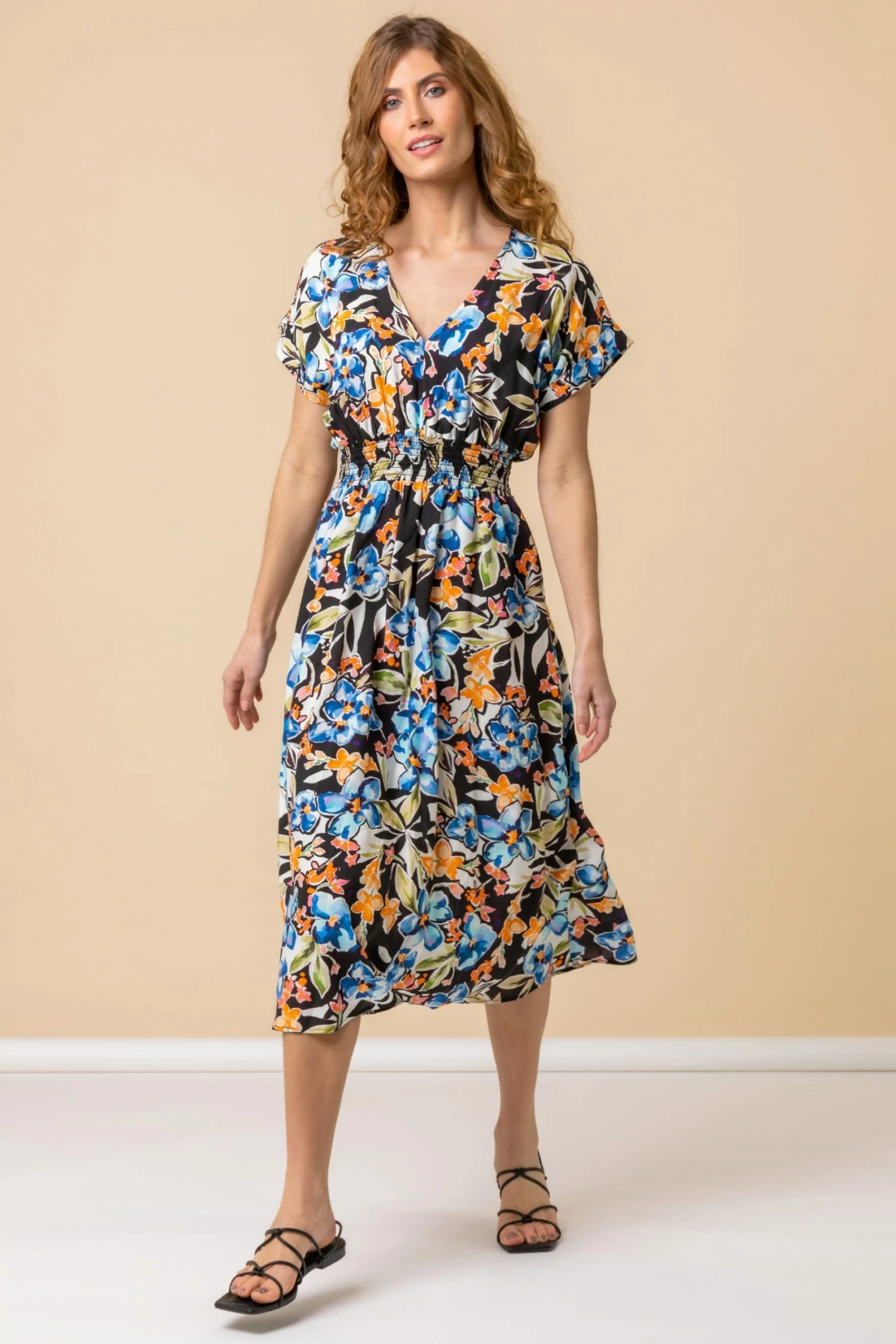 Roman Black Tropical Floral Shirred Waist Midi Dress 5 Roman Black Tropical Floral Shirred Waist Midi Dress - Image 3