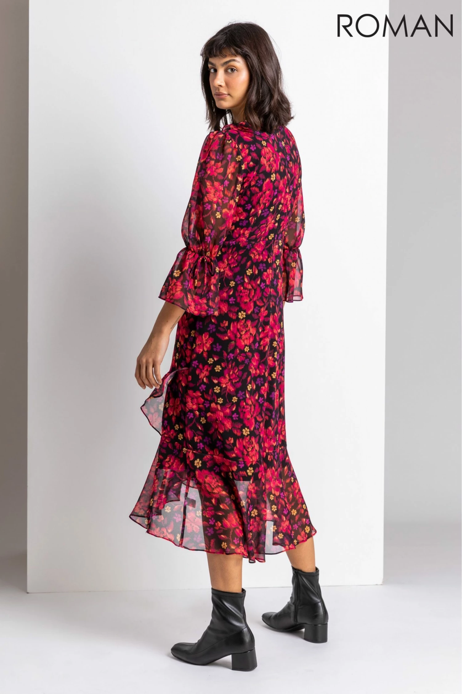 Roman Red Floral Print Chiffon Frill Midi Dress 4 Roman Red Floral Print Chiffon Frill Midi Dress - Image 2