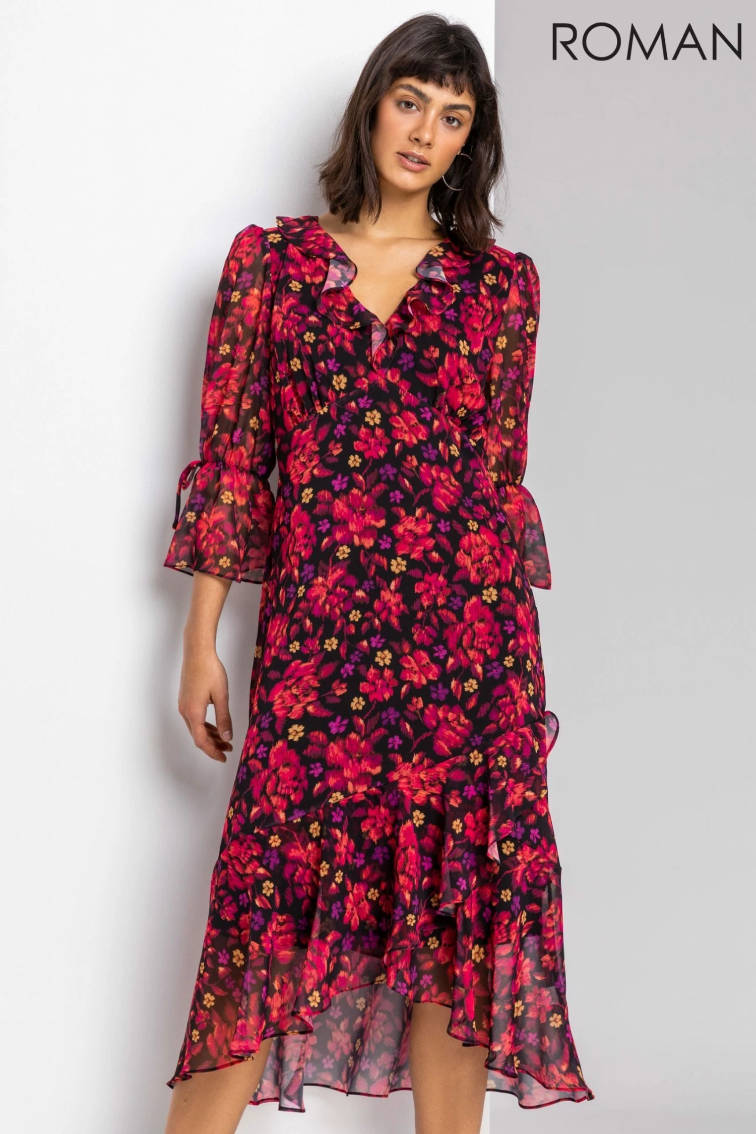 Roman Red Floral Print Chiffon Frill Midi Dress 5 Roman Red Floral Print Chiffon Frill Midi Dress - Image 3
