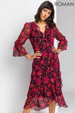 Roman Red Floral Print Chiffon Frill Midi Dress 11 Roman Red Floral Print Chiffon Frill Midi Dress -Roman Sales Shop unnamed file 2157