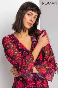 Roman Red Floral Print Chiffon Frill Midi Dress 12 Roman Red Floral Print Chiffon Frill Midi Dress -Roman Sales Shop unnamed file 2158