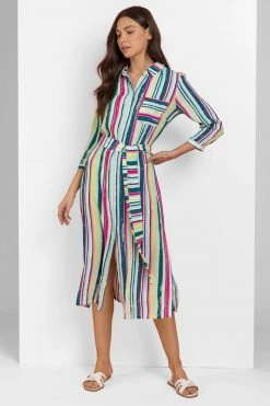 Roman Green Stripe Print Belted Shirt Dress -Roman Sales Shop unnamed file 2162