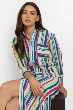 Roman Green Stripe Print Belted Shirt Dress -Roman Sales Shop unnamed file 2164