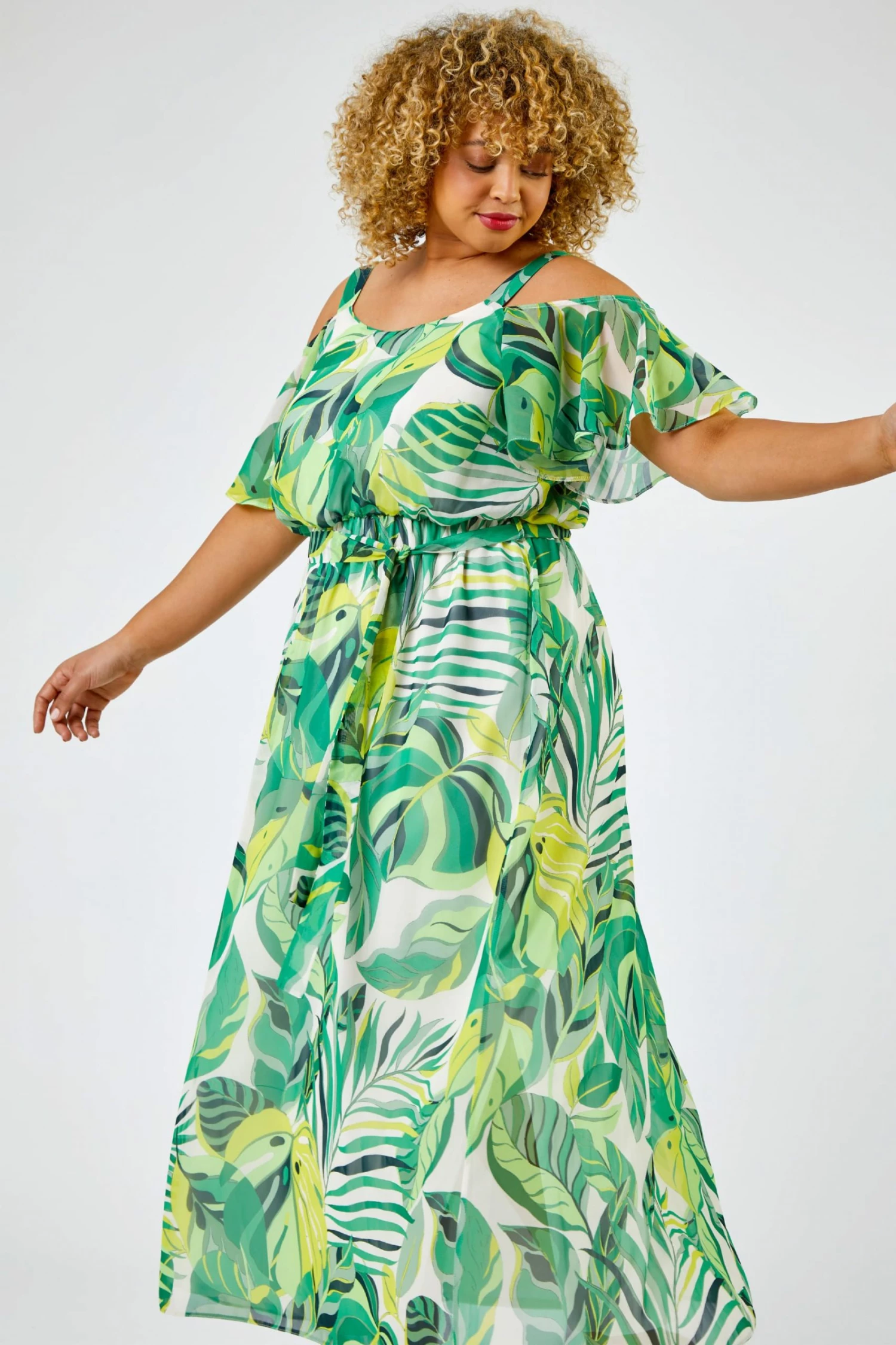 Roman Green Curve Tropical Leaf Print Cold Shoulder Maxi Dress 3 Roman Green Curve Tropical Leaf Print Cold Shoulder Maxi Dress