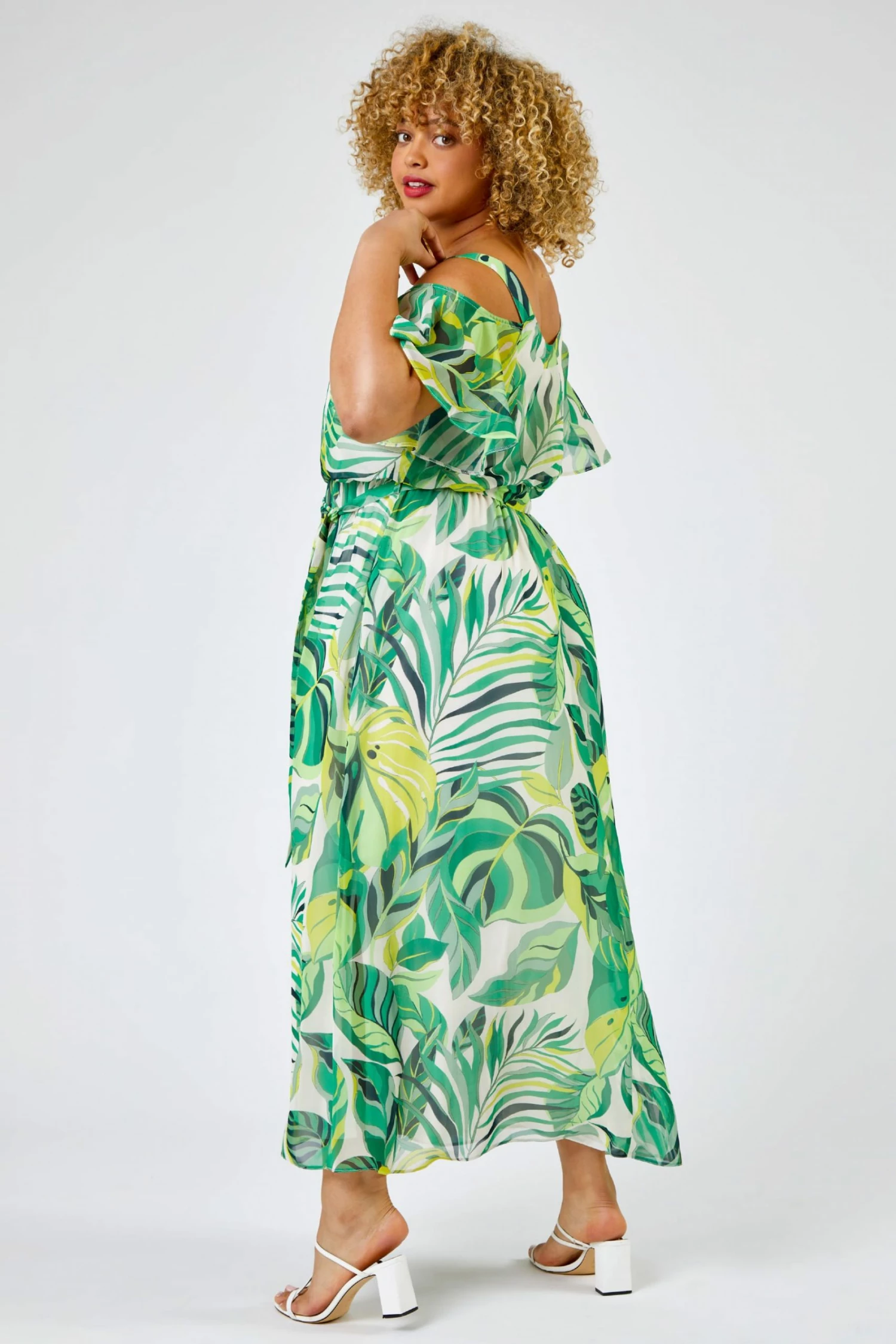 Roman Green Curve Tropical Leaf Print Cold Shoulder Maxi Dress 4 Roman Green Curve Tropical Leaf Print Cold Shoulder Maxi Dress - Image 2