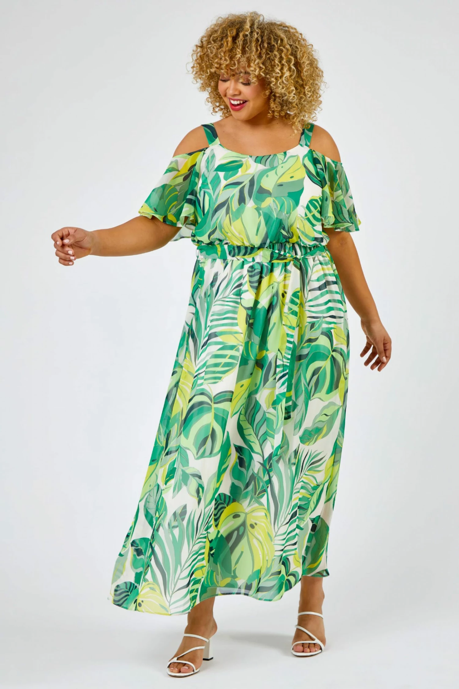 Roman Green Curve Tropical Leaf Print Cold Shoulder Maxi Dress 5 Roman Green Curve Tropical Leaf Print Cold Shoulder Maxi Dress - Image 3