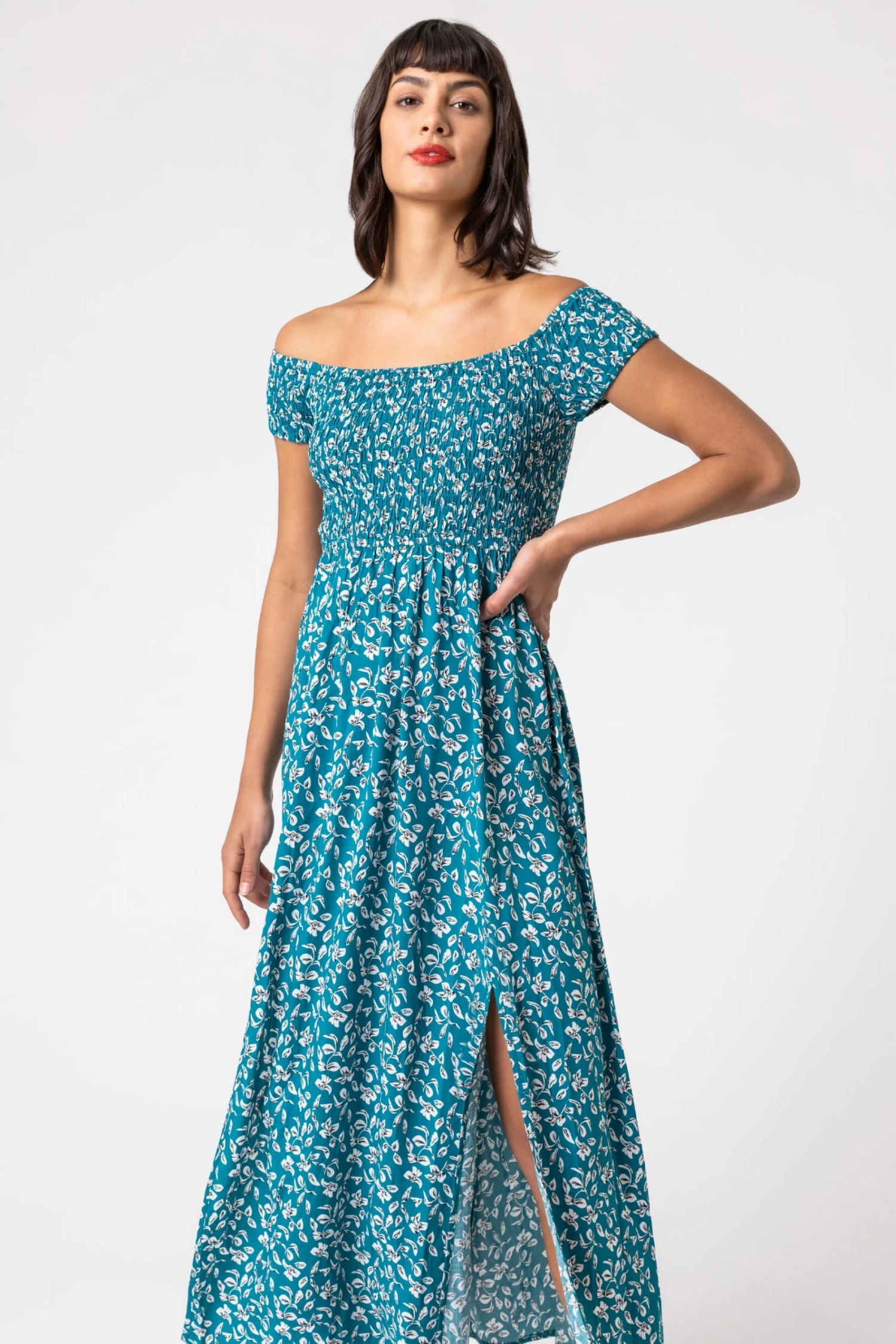 Roman Blue Shirred Ditsy Leaf Print Bardot Dress 3 Roman Blue Shirred Ditsy Leaf Print Bardot Dress