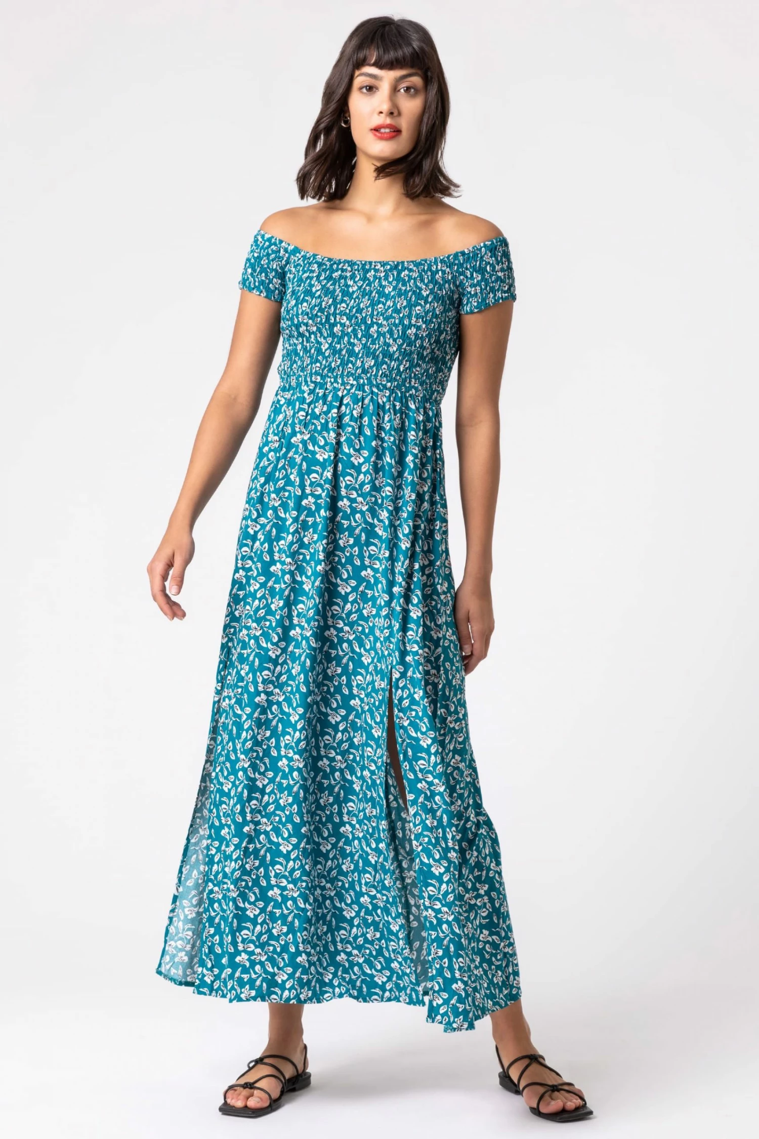 Roman Blue Shirred Ditsy Leaf Print Bardot Dress 5 Roman Blue Shirred Ditsy Leaf Print Bardot Dress - Image 3