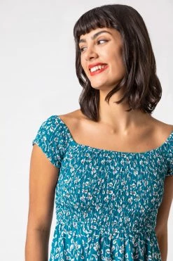 Roman Blue Shirred Ditsy Leaf Print Bardot Dress 11 Roman Blue Shirred Ditsy Leaf Print Bardot Dress -Roman Sales Shop unnamed file 2179
