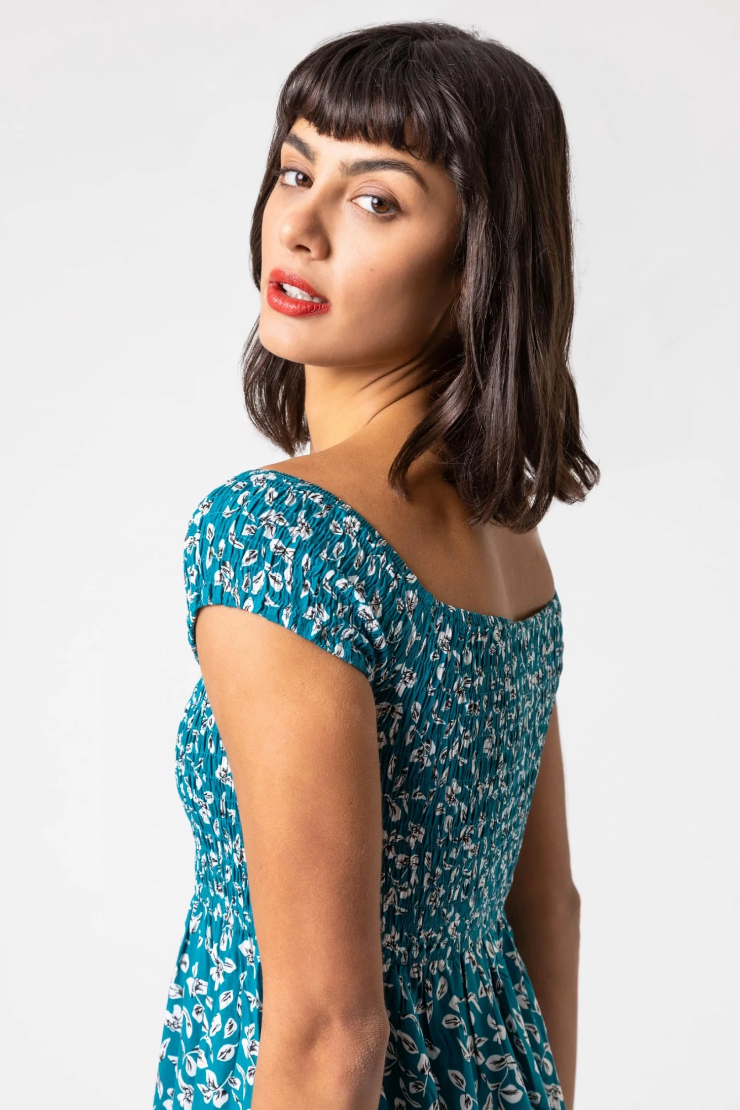 Roman Blue Shirred Ditsy Leaf Print Bardot Dress 7 Roman Blue Shirred Ditsy Leaf Print Bardot Dress - Image 5