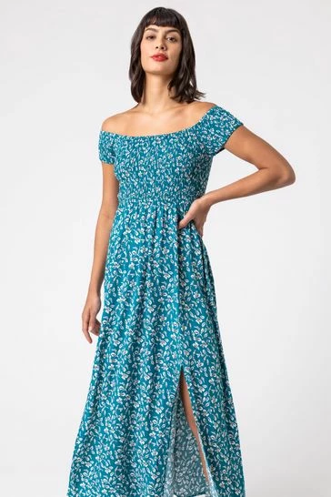 Roman Blue Shirred Ditsy Leaf Print Bardot Dress 8 Roman Blue Shirred Ditsy Leaf Print Bardot Dress - Image 6