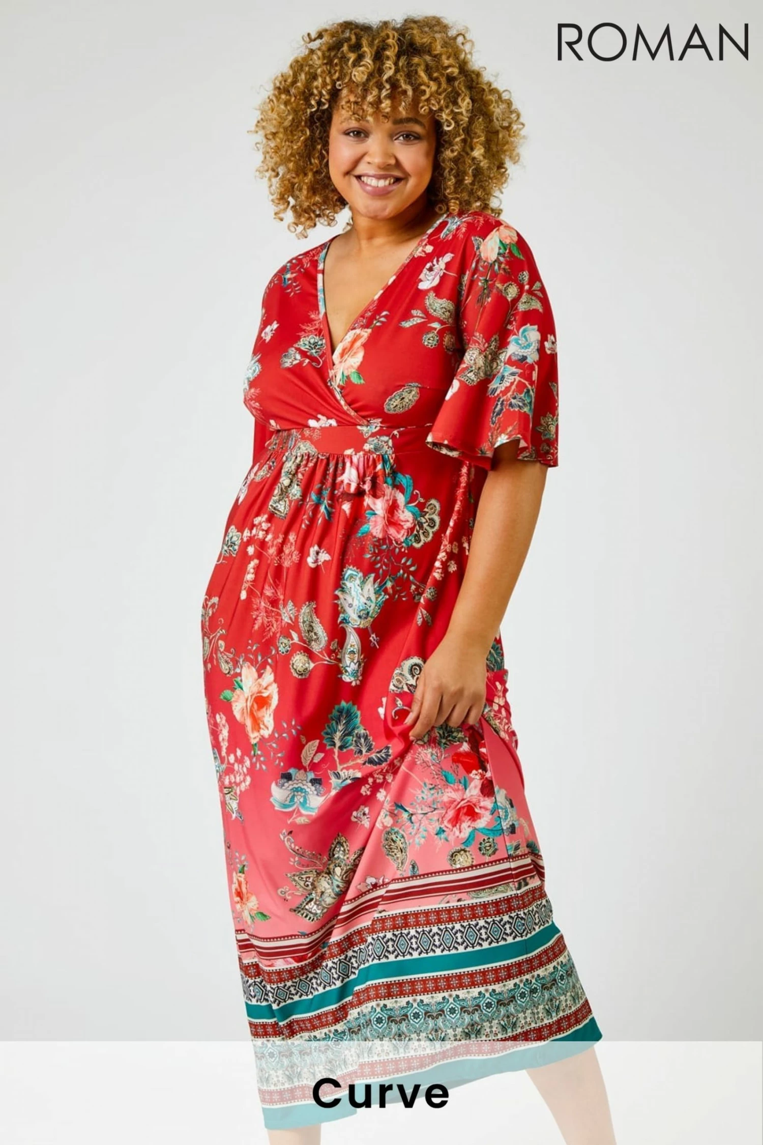 Roman Red Curve Floral Border Print Maxi Dress 3 Roman Red Curve Floral Border Print Maxi Dress