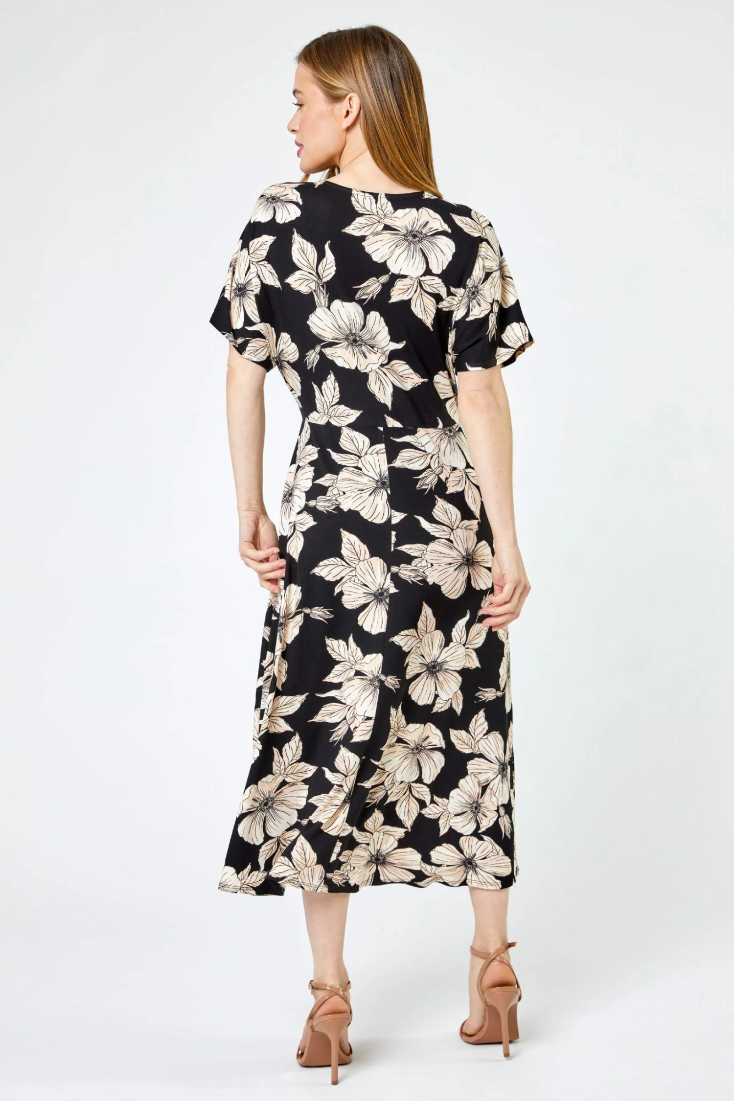 Roman Black Petite Floral Print Ruched Midi Dress 4 Roman Black Petite Floral Print Ruched Midi Dress - Image 2