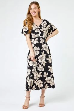 Roman Black Petite Floral Print Ruched Midi Dress 9 Roman Black Petite Floral Print Ruched Midi Dress -Roman Sales Shop unnamed file 2189