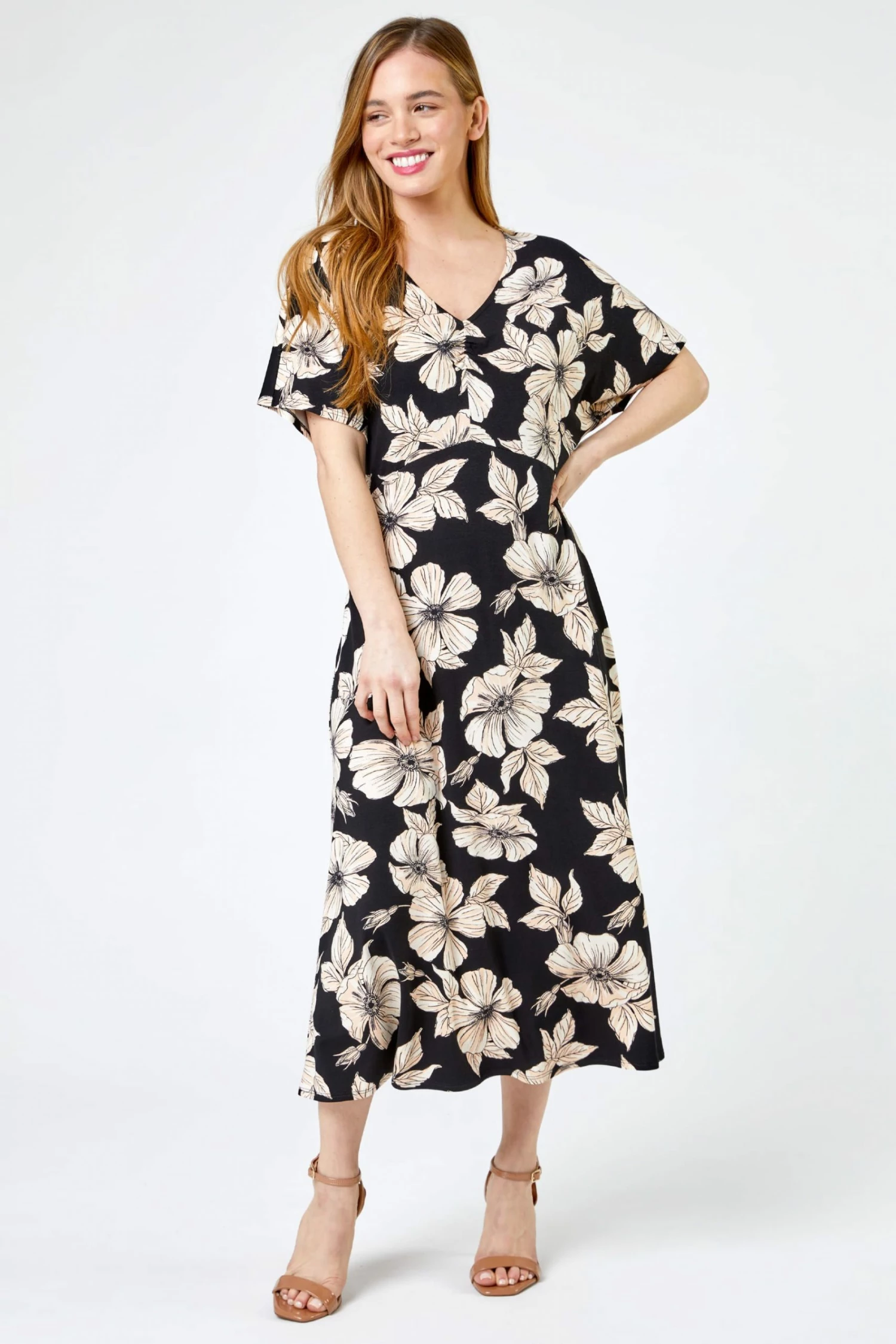 Roman Black Petite Floral Print Ruched Midi Dress 5 Roman Black Petite Floral Print Ruched Midi Dress - Image 3