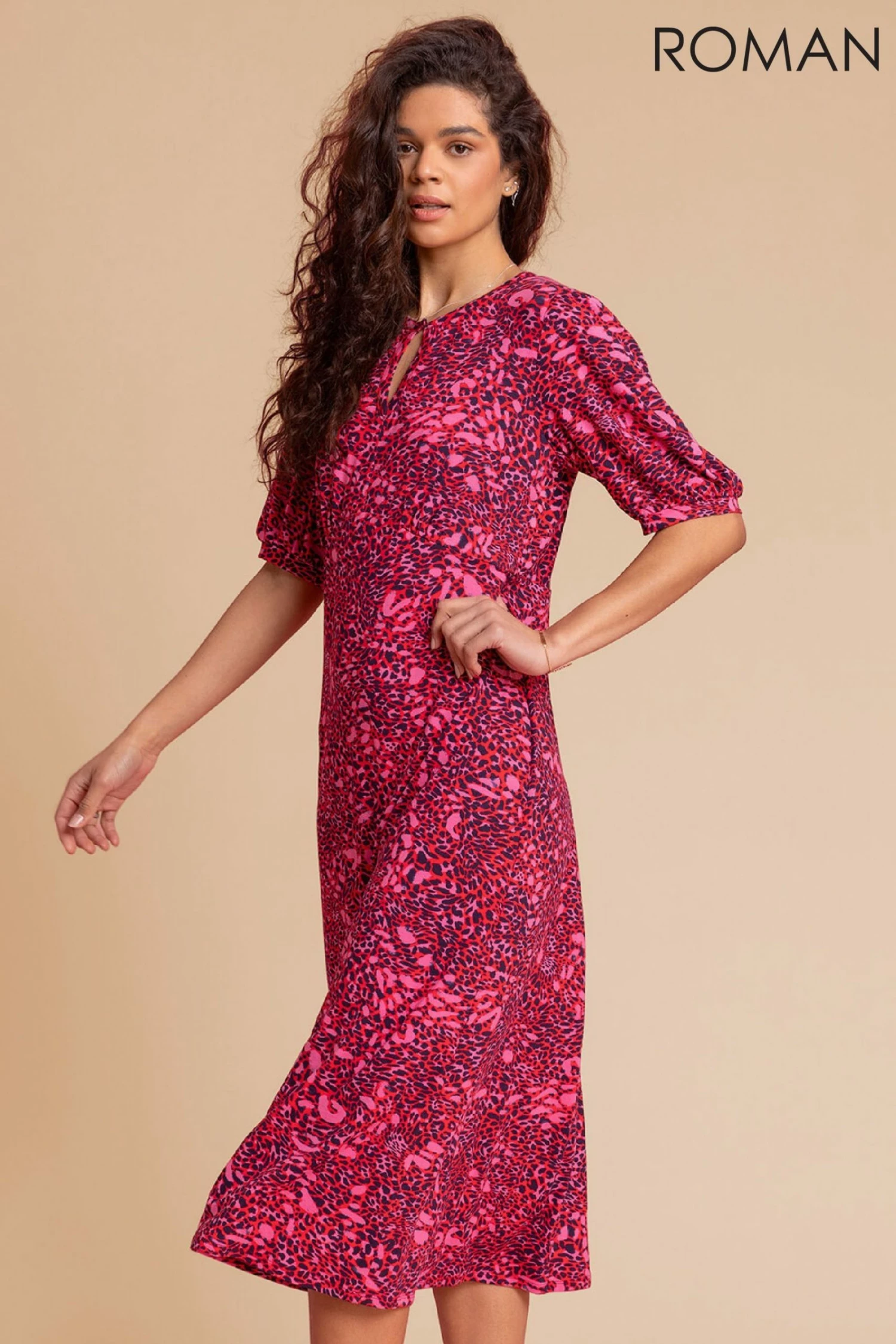 Roman Pink Animal Print Keyhole Midi Dress 3 Roman Pink Animal Print Keyhole Midi Dress
