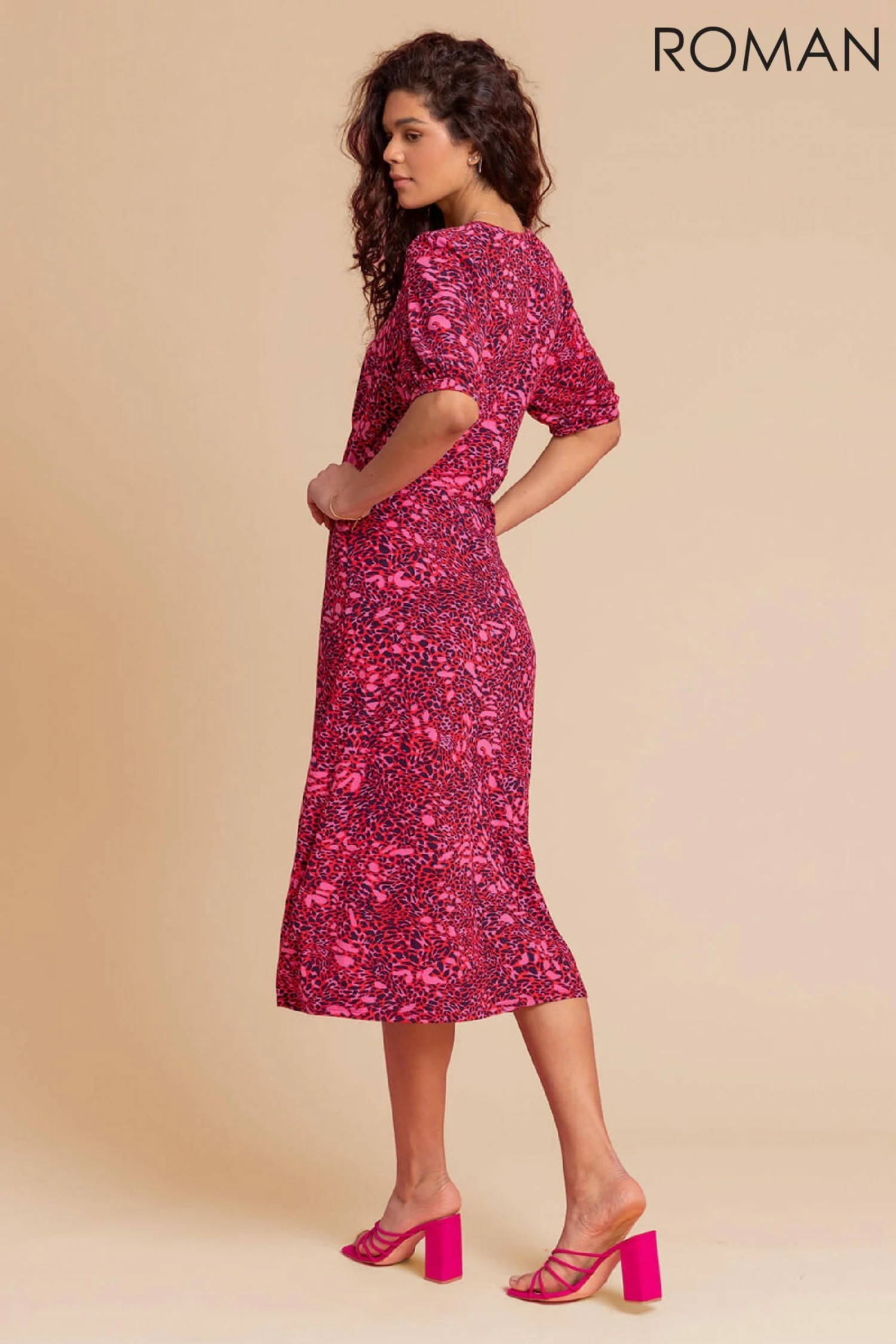 Roman Pink Animal Print Keyhole Midi Dress 4 Roman Pink Animal Print Keyhole Midi Dress - Image 2
