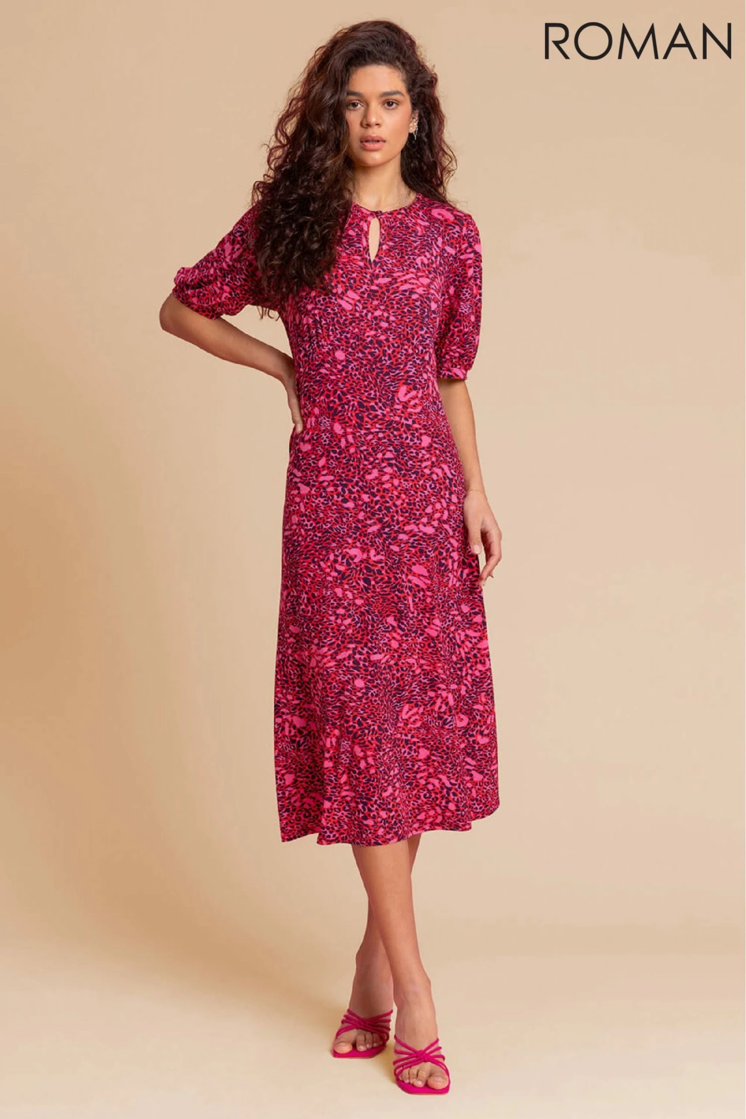 Roman Pink Animal Print Keyhole Midi Dress 5 Roman Pink Animal Print Keyhole Midi Dress - Image 3