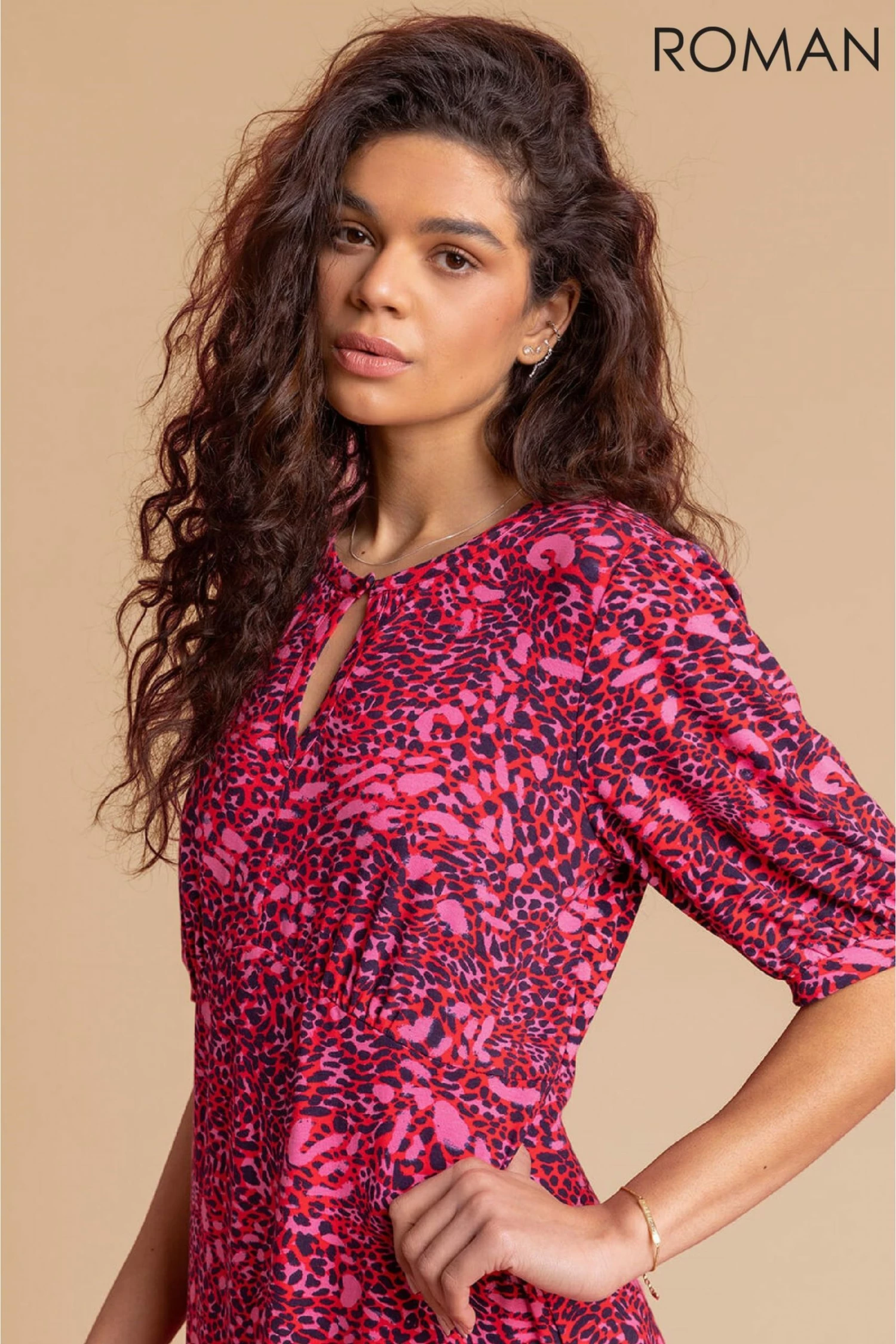 Roman Pink Animal Print Keyhole Midi Dress 6 Roman Pink Animal Print Keyhole Midi Dress - Image 4