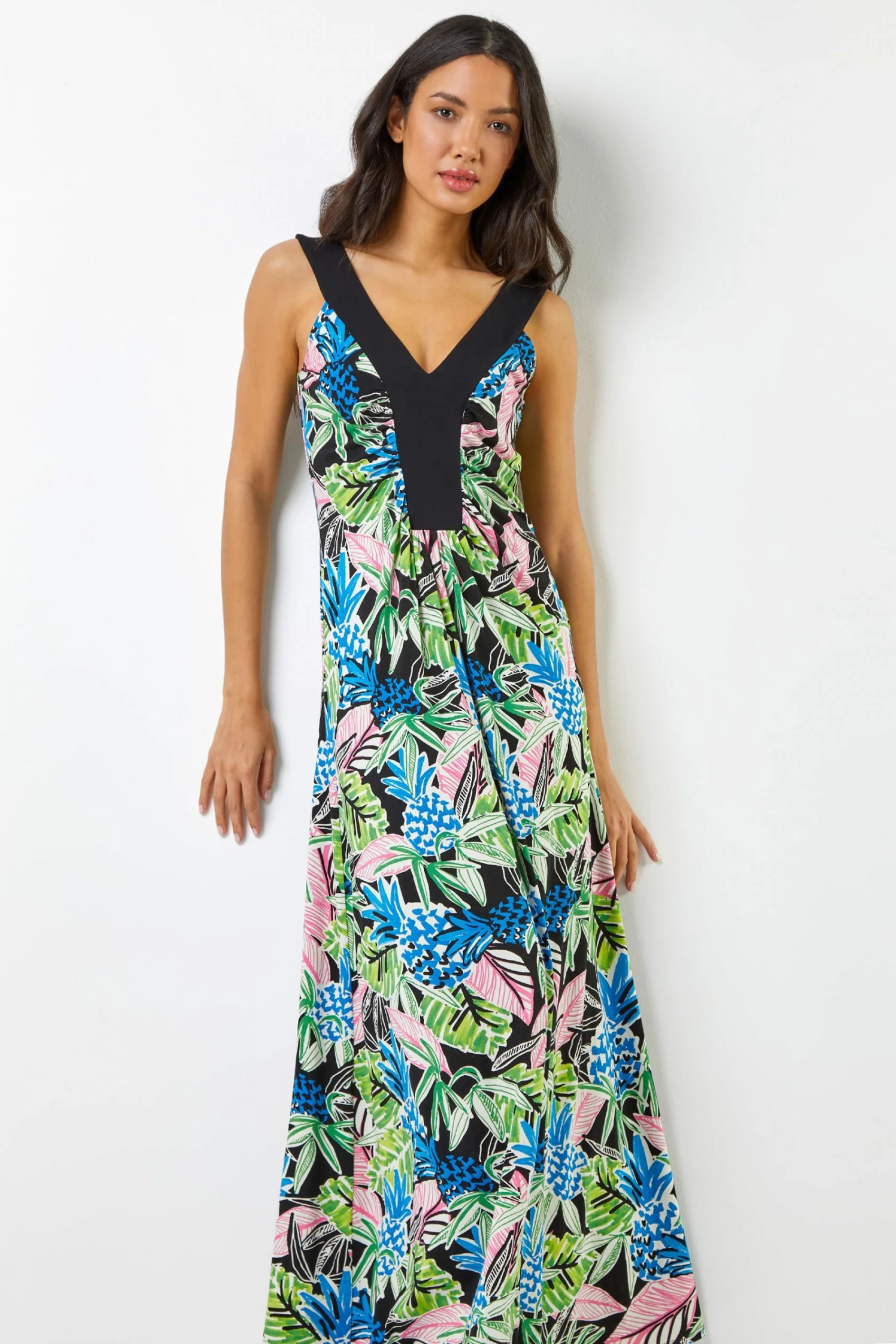 Roman Green & Blue Floral Contrast Band Tropical Print Maxi Dress 3 Roman Green & Blue Floral Contrast Band Tropical Print Maxi Dress