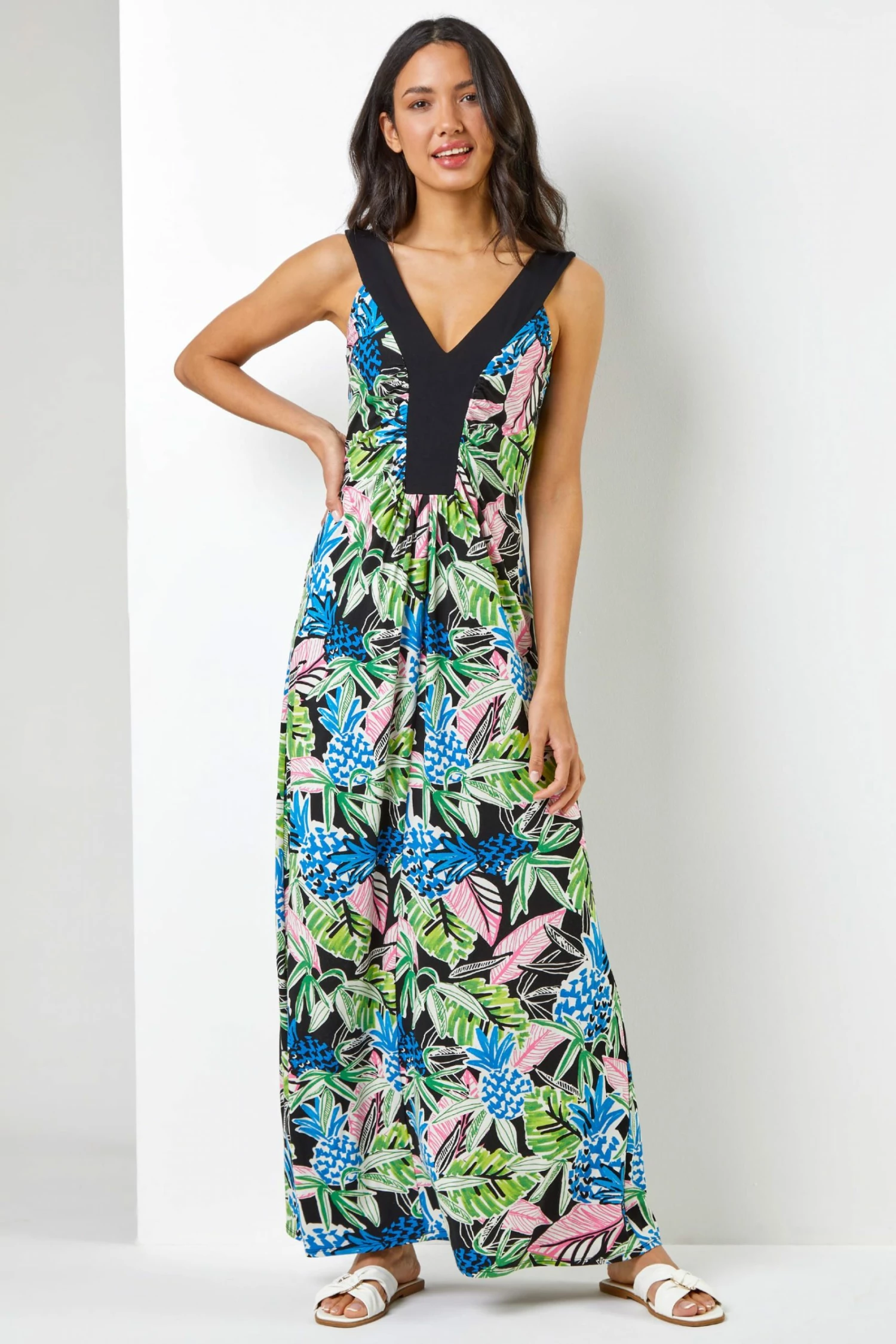 Roman Green & Blue Floral Contrast Band Tropical Print Maxi Dress 5 Roman Green & Blue Floral Contrast Band Tropical Print Maxi Dress - Image 3