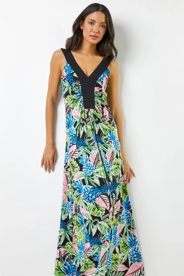 Roman Green & Blue Floral Contrast Band Tropical Print Maxi Dress 8 Roman Green & Blue Floral Contrast Band Tropical Print Maxi Dress - Image 6