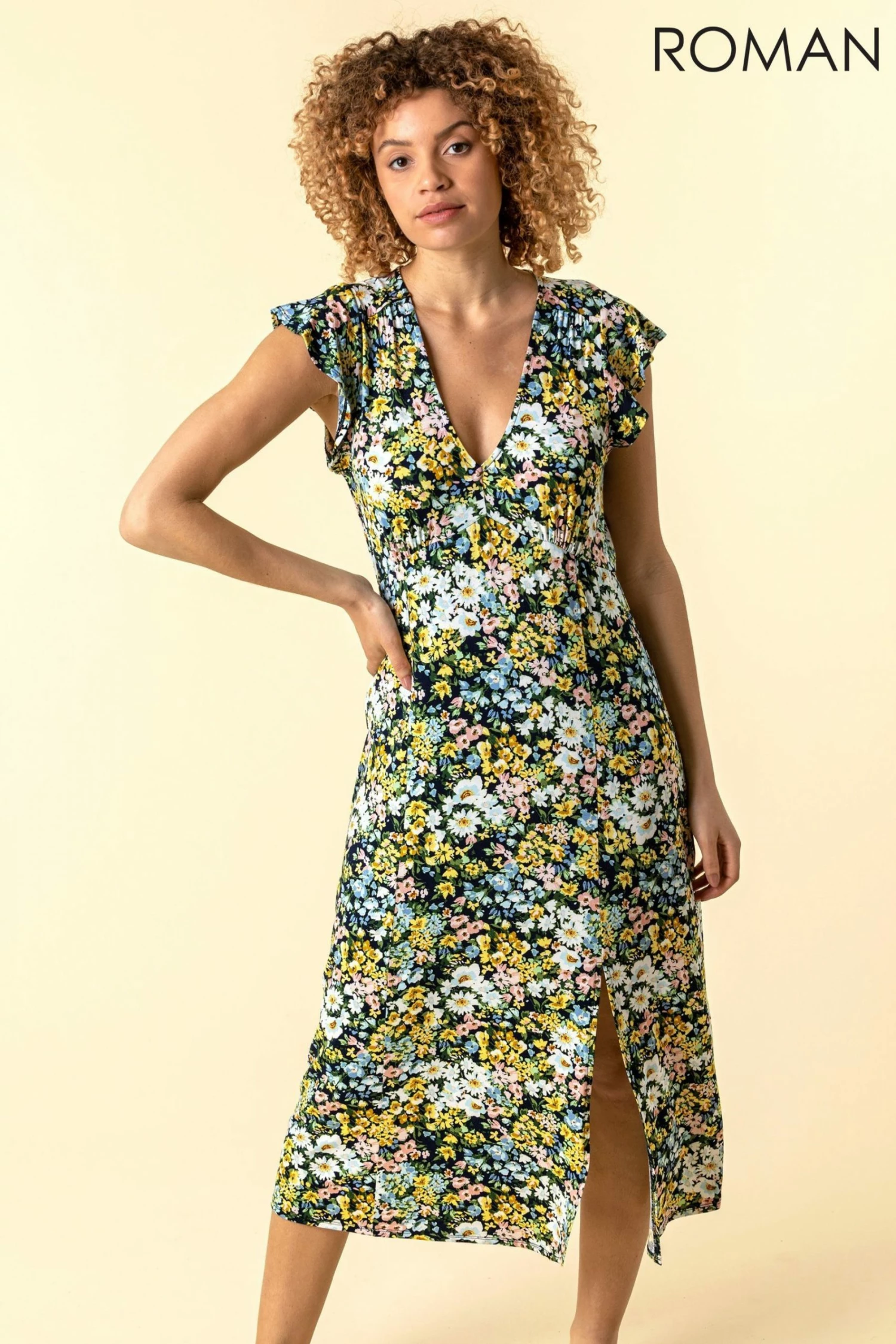 Roman Multi Floral Print Frill Sleeve Dress 3 Roman Multi Floral Print Frill Sleeve Dress