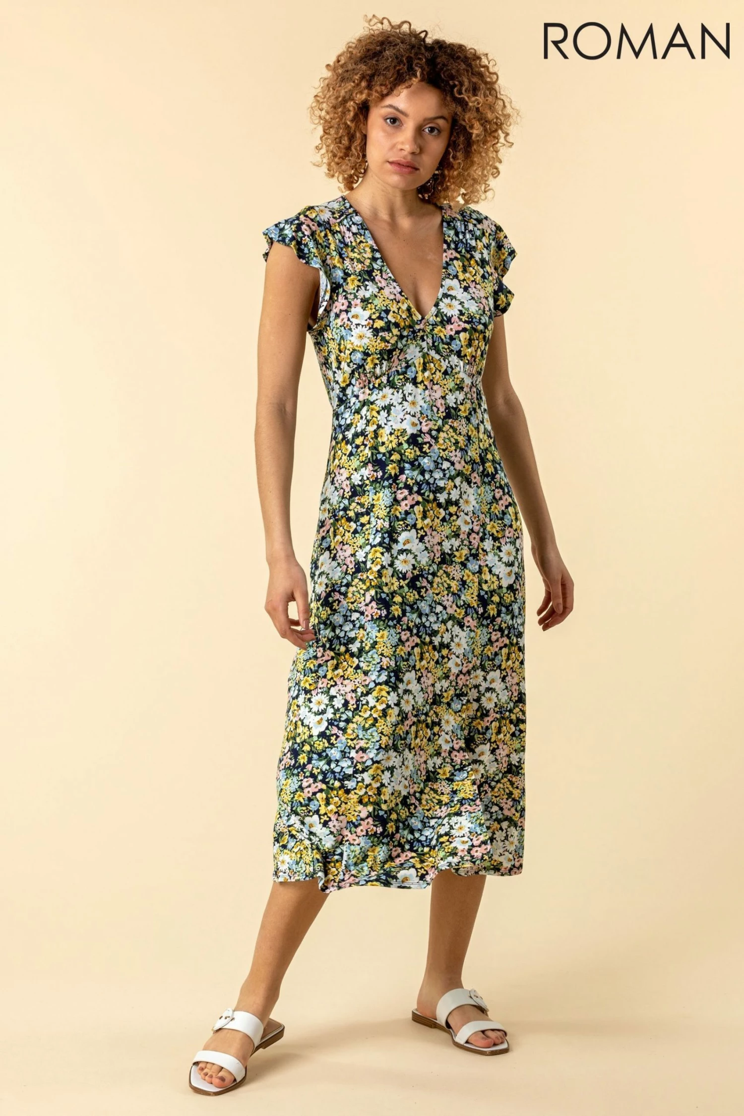 Roman Multi Floral Print Frill Sleeve Dress 5 Roman Multi Floral Print Frill Sleeve Dress - Image 3