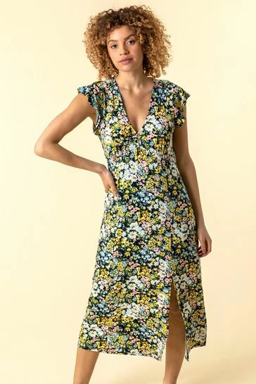 Roman Multi Floral Print Frill Sleeve Dress 7 Roman Multi Floral Print Frill Sleeve Dress - Image 5