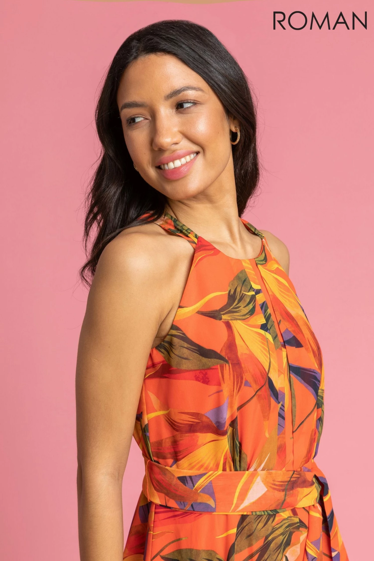 Roman Orange Floral Print Tie Waist Maxi Dress 6 Roman Orange Floral Print Tie Waist Maxi Dress - Image 4