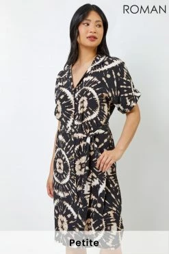 Roman Black & Cream Petite Tie Dye Print Shirt Dress