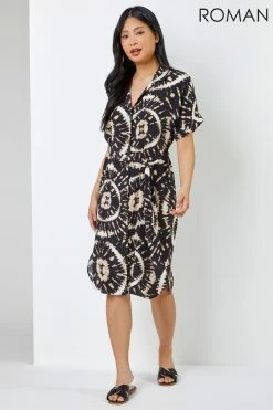 Roman Black & Cream Petite Tie Dye Print Shirt Dress -Roman Sales Shop unnamed file 2236