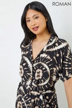 Roman Black & Cream Petite Tie Dye Print Shirt Dress -Roman Sales Shop unnamed file 2237