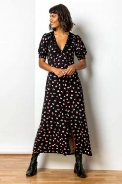 Roman Red Lace Trim Floral Print Midi Dress