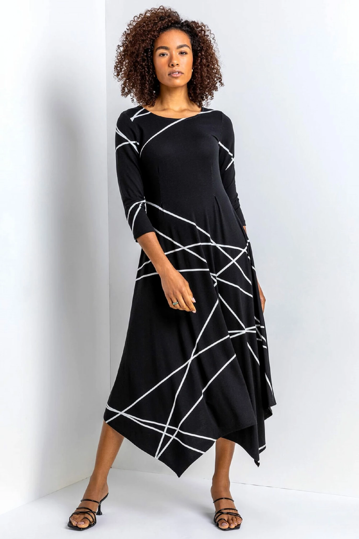 Roman Black Linear Print Hanky Hem Dress 3 Roman Black Linear Print Hanky Hem Dress
